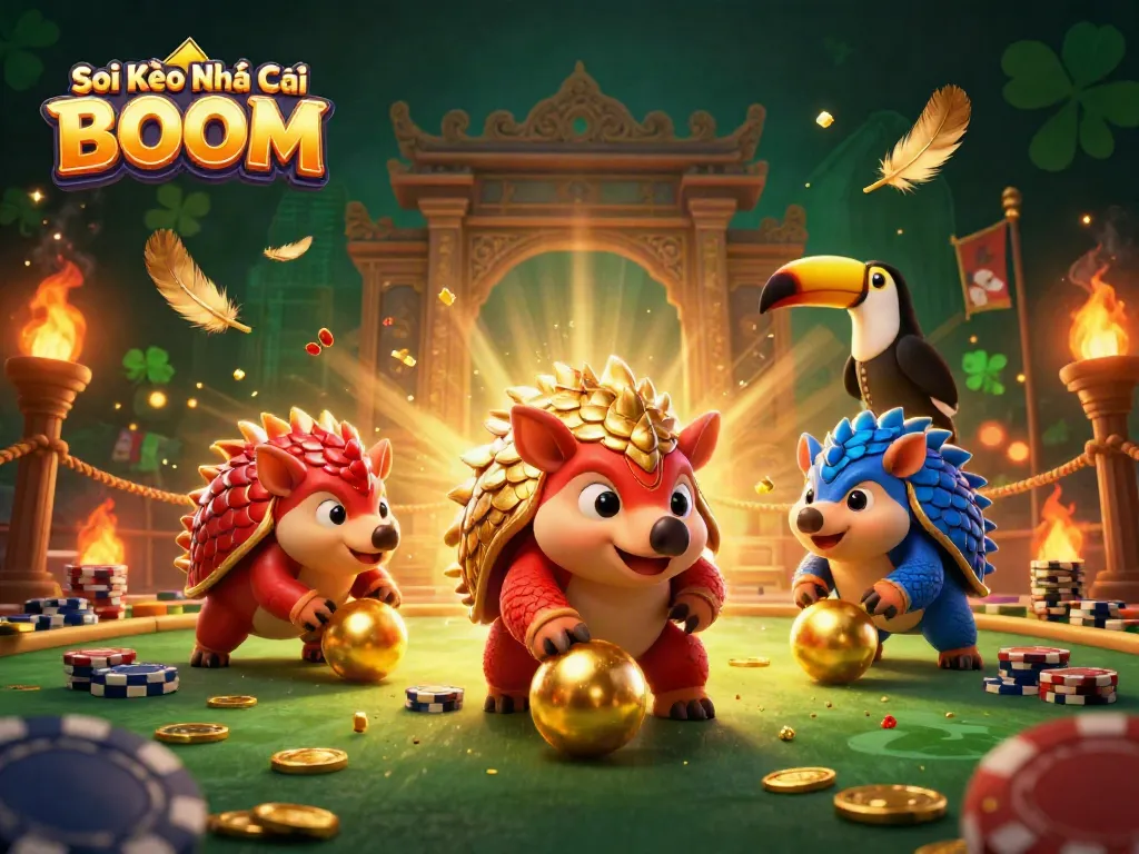 Soi Kèo Nhà Cái BOOM showcases rival pangolins competing in a dynamic gambling arena filled with poker chips and gold.
