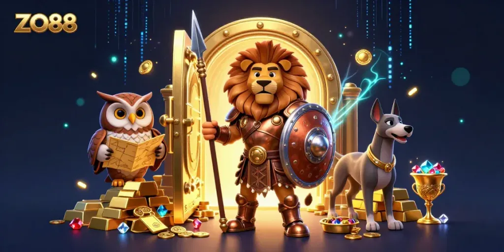 Experience ZO88 with a vibrant 3D illustration showcasing a Spartan lion, owl strategist, and greyhound amidst gold treasures and dynamic casino elements.