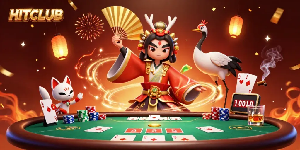 Experience HITCLUB's thrilling atmosphere with a dynamic 3D illustration of a kabuki warrior at a poker table.