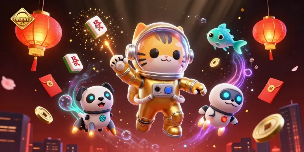 Experience excitement with nhatvip through a vibrant 3D space-themed illustration showcasing a whimsical astronaut cat and a robot dog.