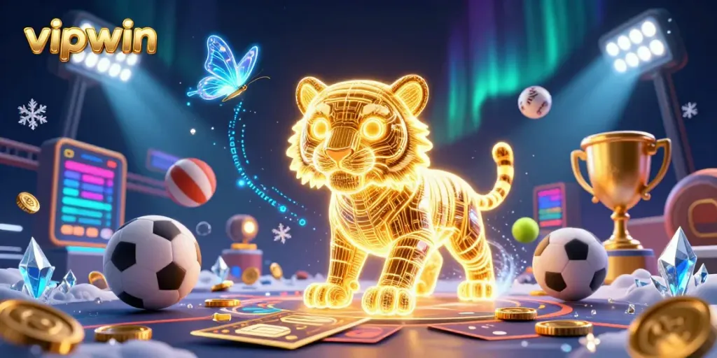 Experience the thrill of vipwin with a digital casino scene featuring a golden tiger and dynamic betting elements.