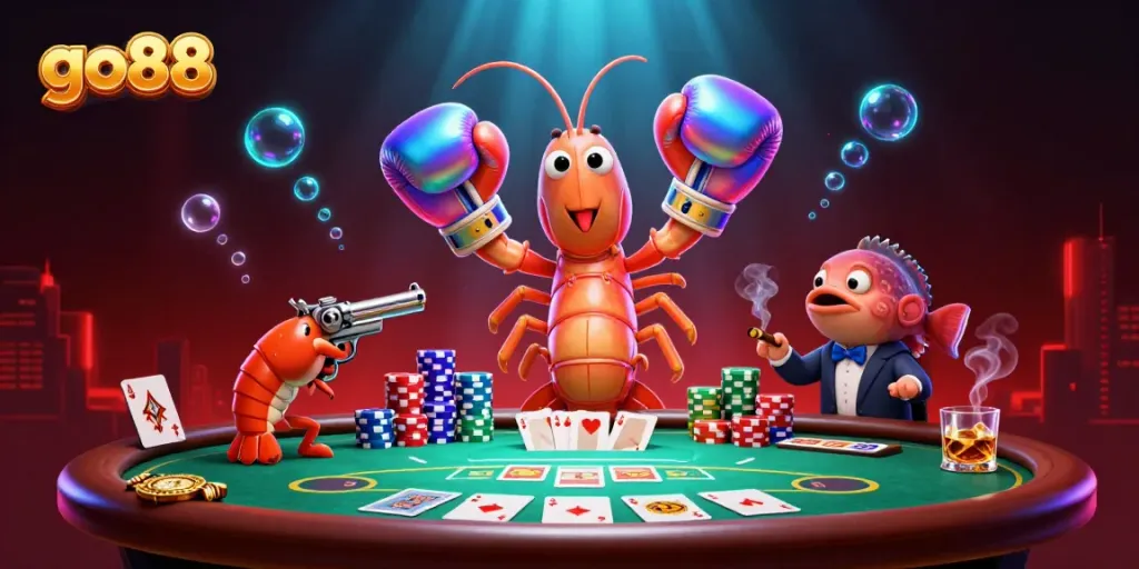 Engage with go88's exciting casino atmosphere featuring a mantis shrimp, poker elements, and vivid underwater effects.