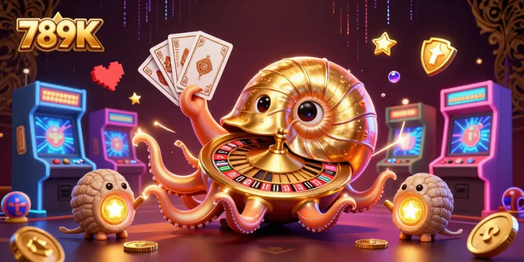 Engage with vibrant 789K casino action featuring a golden roulette wheel nautilus amidst arcade elements.
