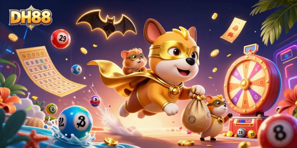 Engage with DH88 as the superhero dog flies with jackpots and lottery elements in a vibrant casino scene.