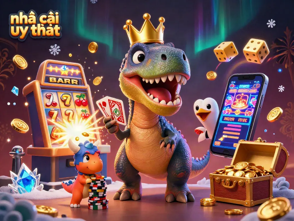 Engage with nhà cái uy tín through a vibrant 3D casino scene showcasing a playful T-Rex and friends in action.