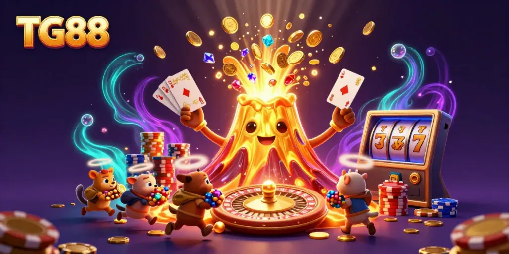 Win big at TG88 casino with a dazzling scene of a golden volcano showering coins and treasures.