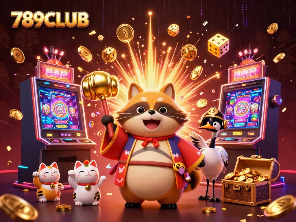 Experience excitement with 789CLUB as cheerful characters celebrate big wins in a vibrant casino scene.