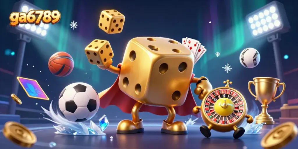 Experience the thrilling world of ga6789 with a lively illustration of a golden dice golem and dynamic casino elements.