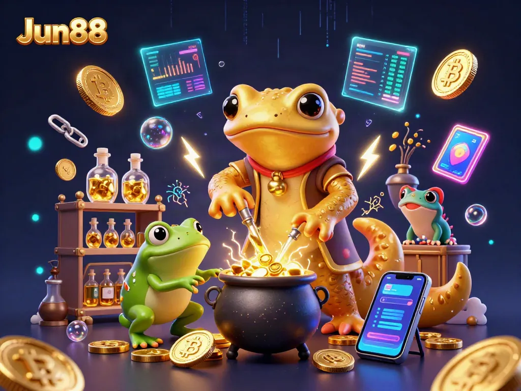 Win big with Jun88 in this rich, vibrant casino scene featuring alchemical transformations!