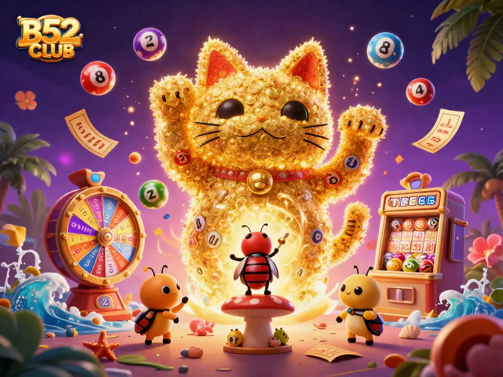 B52CLUB's immersive and vibrant gaming scene, showcasing a whimsical lucky cat and energetic casino symbols.