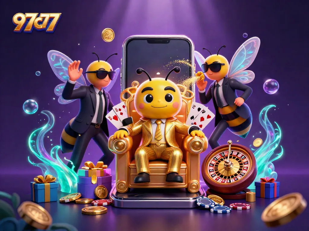 Play at 97c77 with thrilling slot games and interactive characters in a vibrant 3D casino scene.