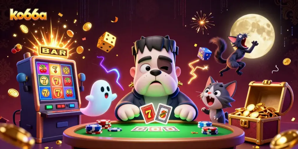 Experience thrilling gaming at ko66a with a vibrant, ultra-detailed 3D casino scene showcasing a lively character interaction.