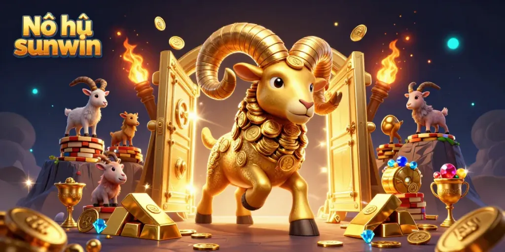 Nổ hũ sunwin game scene featuring a bold golden ram charging through a treasure vault with vibrant gems and gold