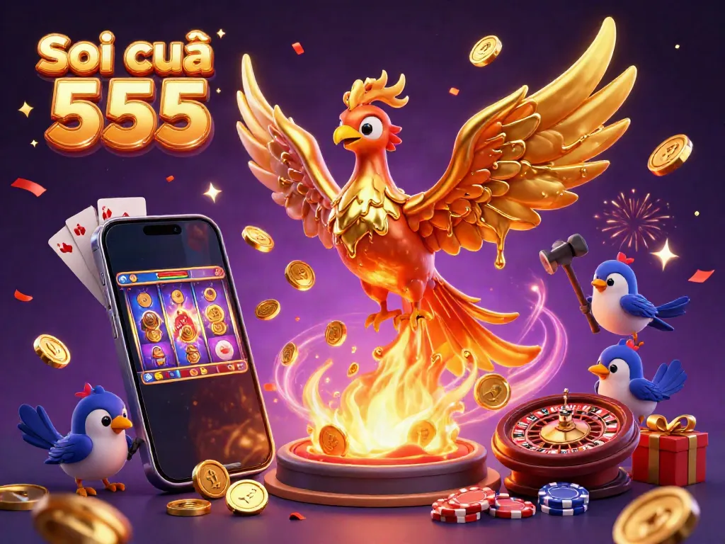 Soi cầu 555 showcases a golden phoenix and vibrant casino elements in a dynamic illustration.