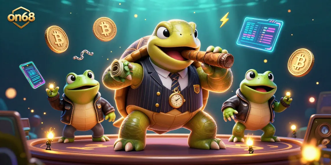 Engage with on68's vibrant crypto casino world featuring a snapping turtle mobster.