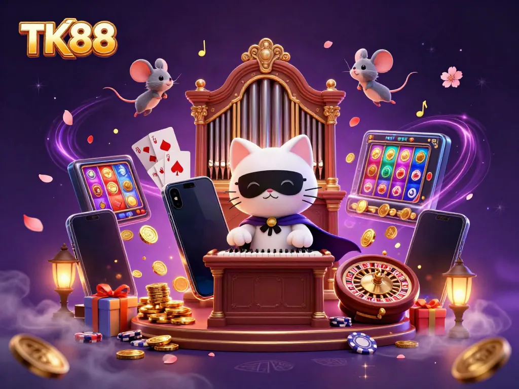 Experience gaming excitement with TK88's enchanting casino scene featuring lively characters and vibrant elements.