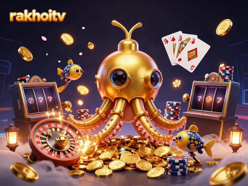 Experience exciting gameplay with rakhoitv's dynamic golden kraken submarine and mechanical fish in a rich casino scene.