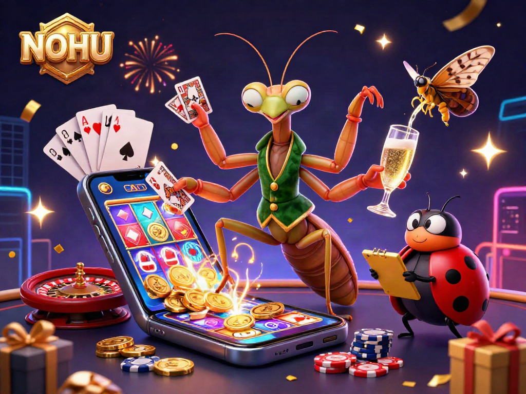 Experience the excitement of NOHU with vibrant scenes of a mantis card sharp, ladybug pit boss, and casino elements.