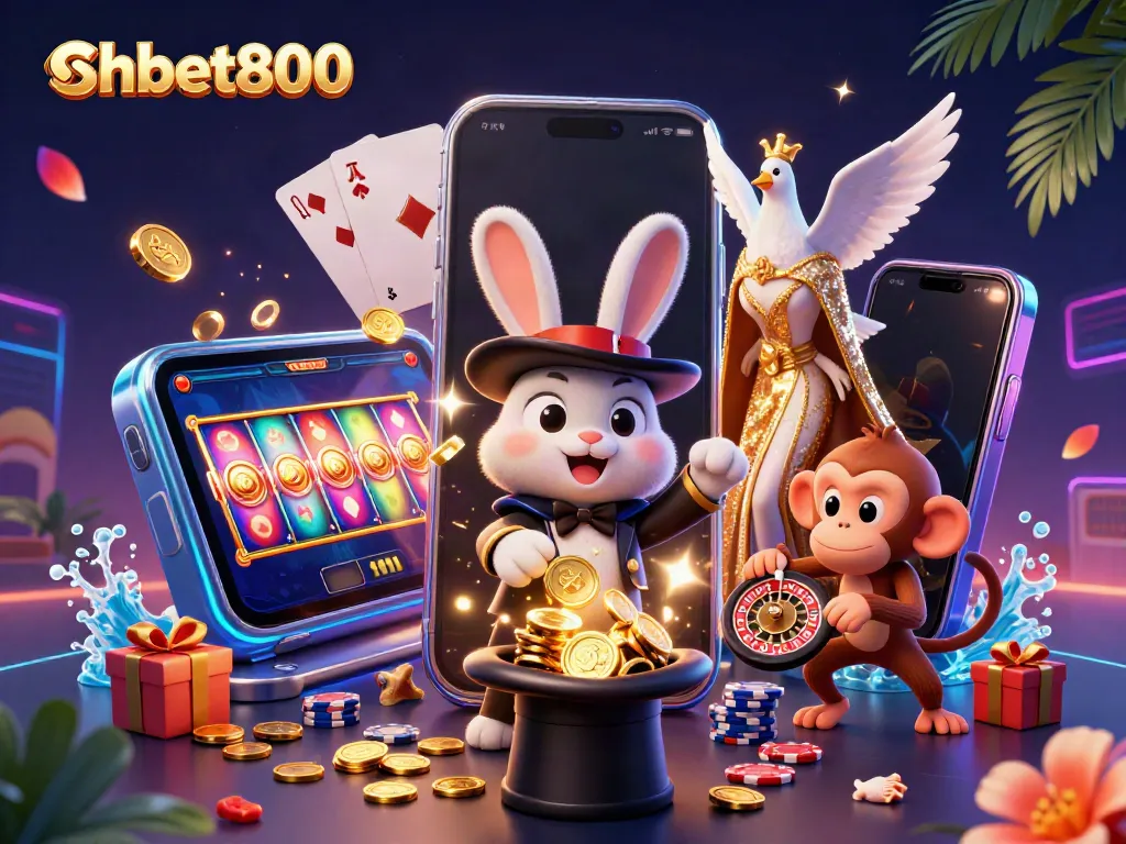 Engage with shbet800 as a magician rabbit conjures coins, showcasing a thrilling casino atmosphere.