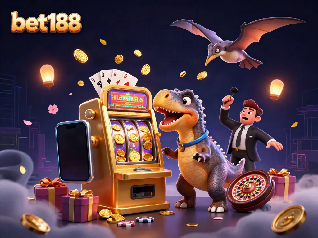 Spin the reels at bet188 with 3D dinosaurs celebrating jackpot wins, surrounded by coins and casino elements.