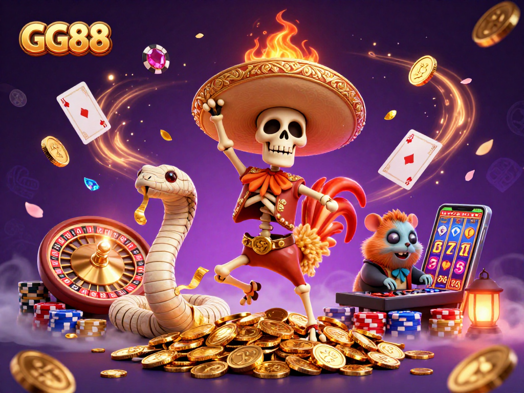 GG88 combines vibrant casino characters with a dynamic celebration of winning at games.
