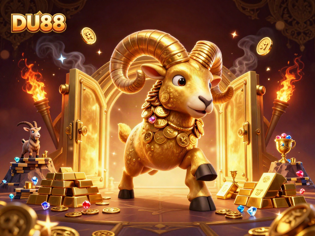 Experience excitement at DU88 with a golden ram charging through a treasure vault in this vibrant casino illustration.