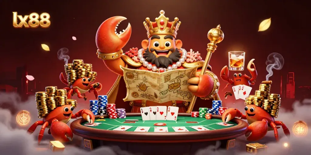 Experience the excitement of poker with lx88, featuring a golden crab emperor surrounded by chips and cards.