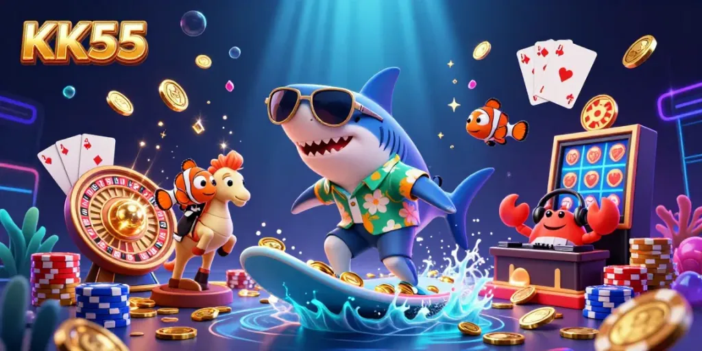 KK55: Experience winning entertainment with vibrant casino games and characters in a dynamic ocean setting.