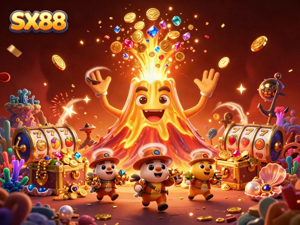 SX88 showcases a vibrant, winning casino scene with treasure, slot reels, and colorful fireworks.