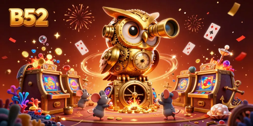 B52 provides thrilling gaming experiences with vibrant visuals of a clockwork owl surveying a casino floor.