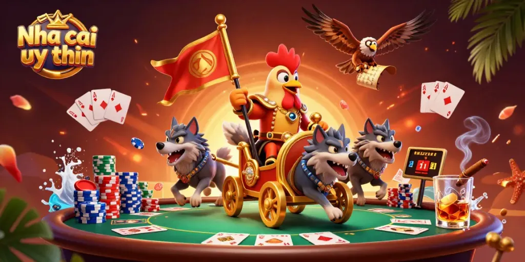 Nha cai uy tin showcases a vibrant illustration of a rooster warlord leading a dynamic casino adventure.