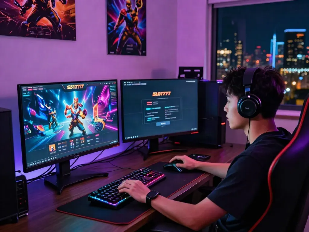 SLOT777 gaming setup with colorful interface, gamer focused on screen, vibrant accessories, and energetic atmosphere.