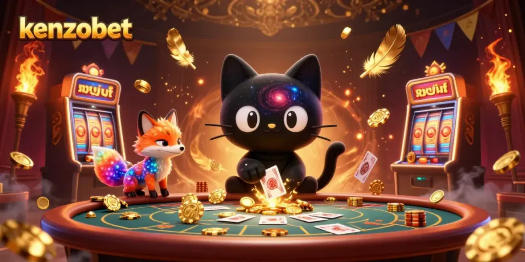 Experience the excitement of kenzobet with a cosmic casino scene featuring vibrant characters and gold elements.