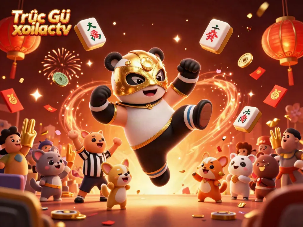 Engage with Trực Tiếp xoilactv in an electrifying scene featuring a panda wrestler, dynamic cheers, and vibrant gambling elements.