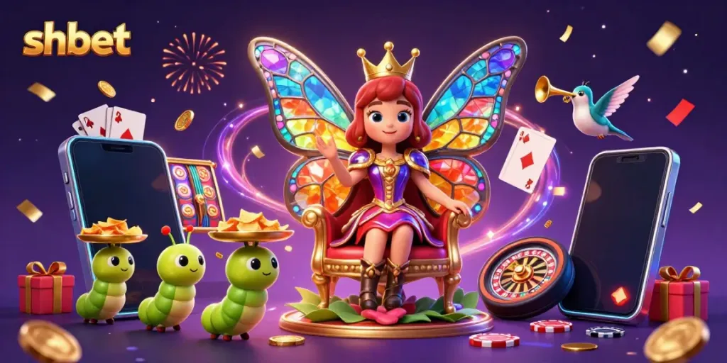 Experience vibrant gameplay with shbet as a colorful butterfly queen presides over slot excitement, surrounded by festive game elements.
