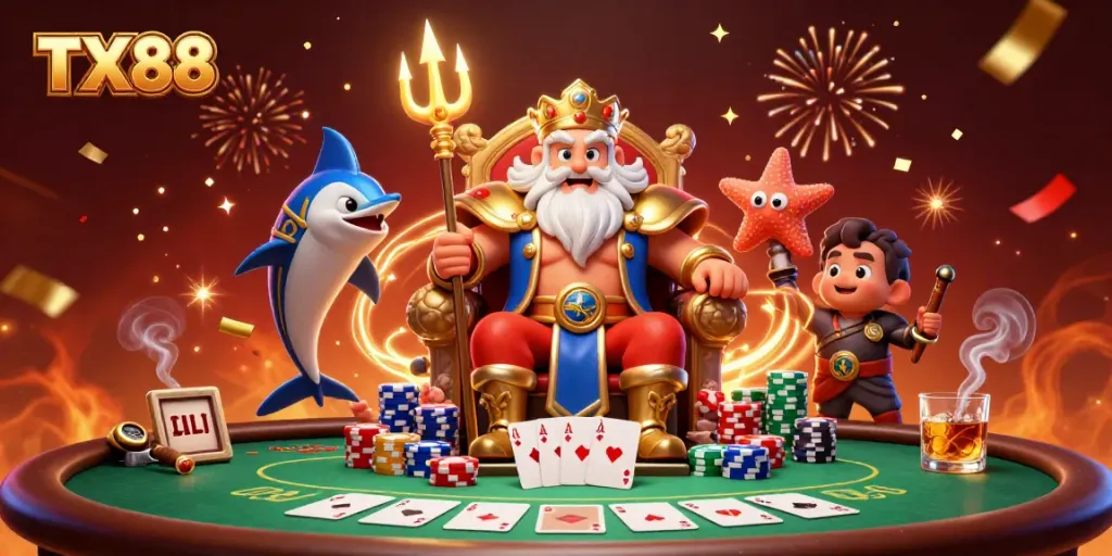Experience the excitement of TX88 poker with Neptune and friends at a vibrant casino scene.