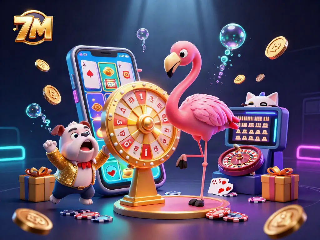 Experience thrilling gameplay with 7M as cartoon characters engage in lively casino action, showcasing vibrant gaming elements.