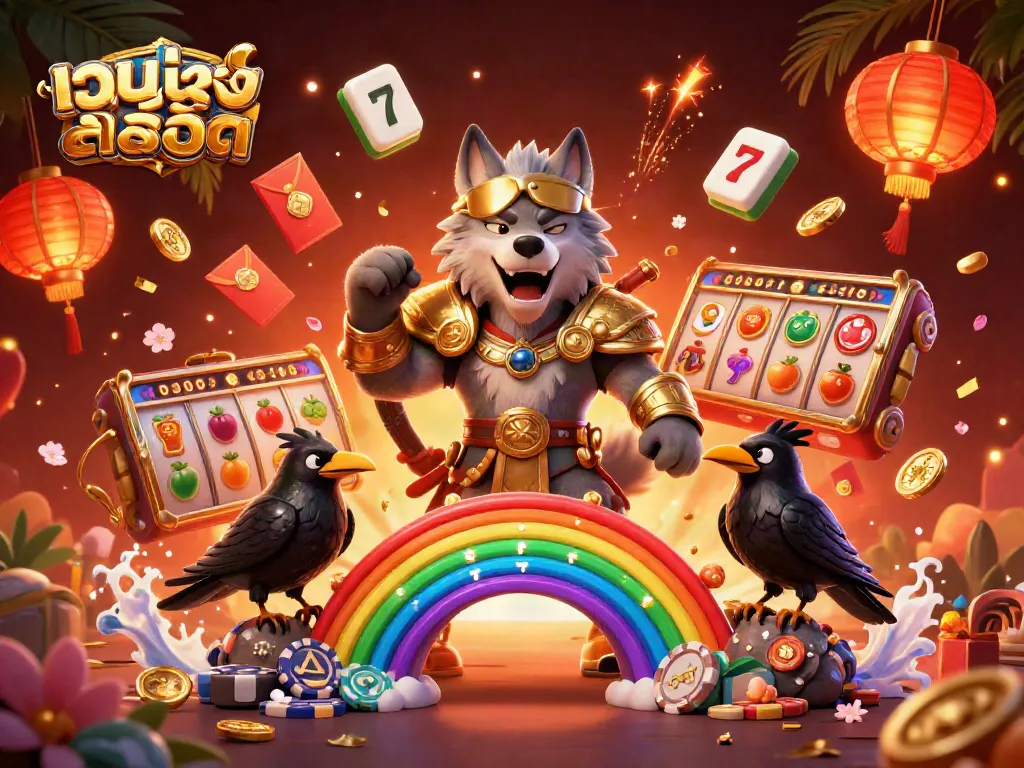 Engage with เว็บตรงสล็อต in a dynamic casino scene with Odin and two ravens amidst colorful game symbols.