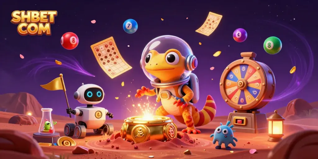 Celebrate wins at SHBET COM with a Martian gecko exploring a golden casino on red Mars