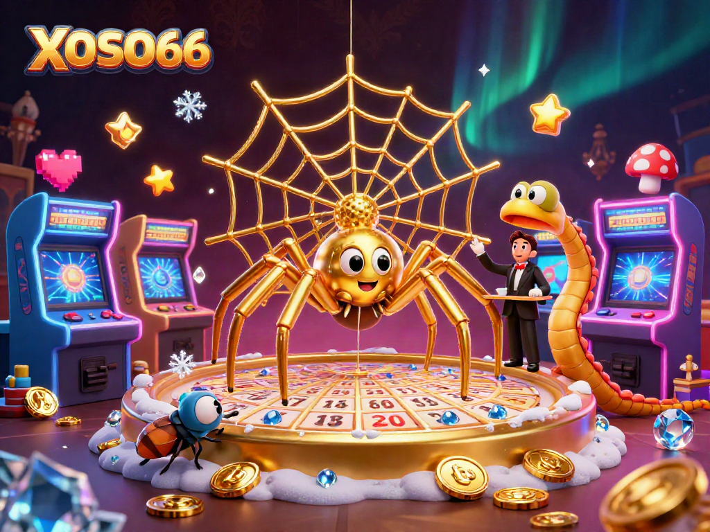 XOSO66 engages players with vibrant lottery-themed 3D illustration featuring a giant web and animated characters.