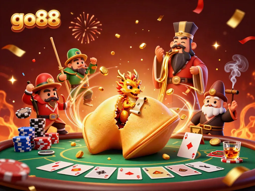 Engage with go88's thrilling gaming universe showcased by a fortune cookie and characters.