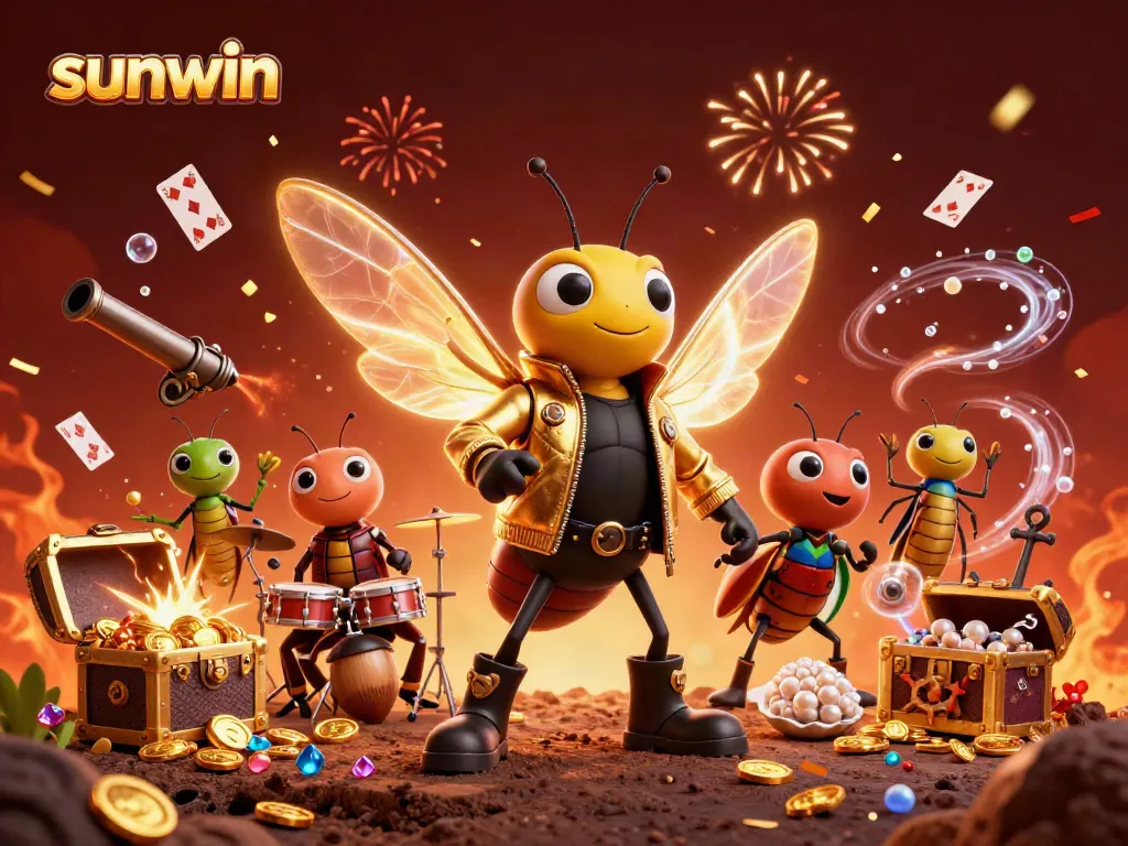 Win big with sunwin in a festive 3D illustration featuring vibrant casino elements and animated characters.