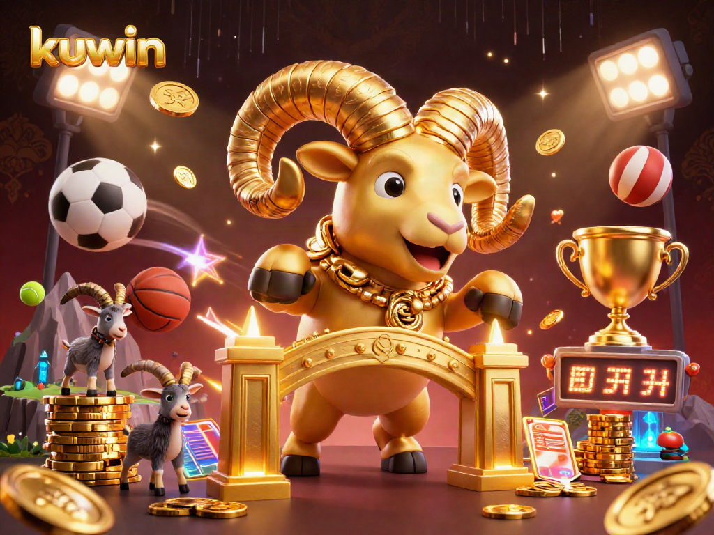 Engage with kuwin's exhilarating sports betting experience featuring a dynamic golden ram charging through a lively betting scene.