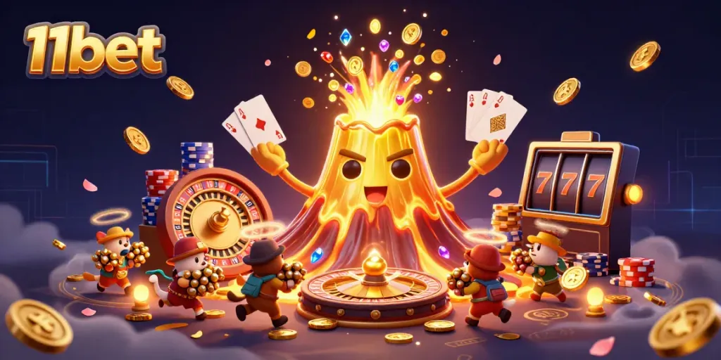 Experience the thrill of 11bet with a triumphant golden volcano erupting treasures amidst dynamic casino elements.
