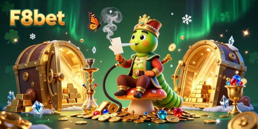 Engage with F8bet's vibrant casino scene showcasing a whimsical caterpillar character amidst treasures and dynamic gaming elements.