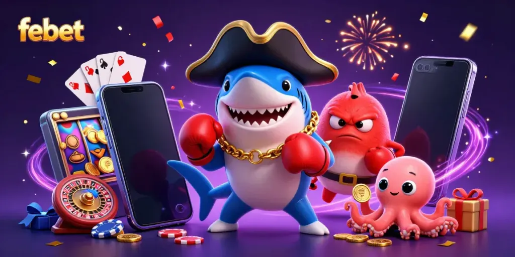 Experience the exciting world of febet with a vibrant casino-themed illustration.