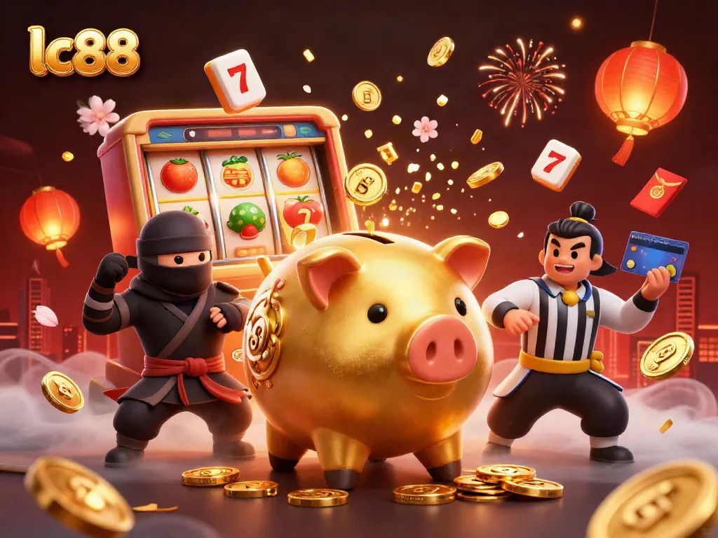 Win big with lc88 in this dynamic 3D cartoon casino showdown featuring a piggy bank sumo wrestler and thrilling slot reels.