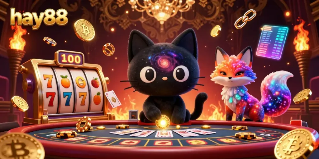 Engage with hay88 in a vibrant cosmic casino scene featuring a black hole cat and colorful fox, surrounded by dynamic game elements.