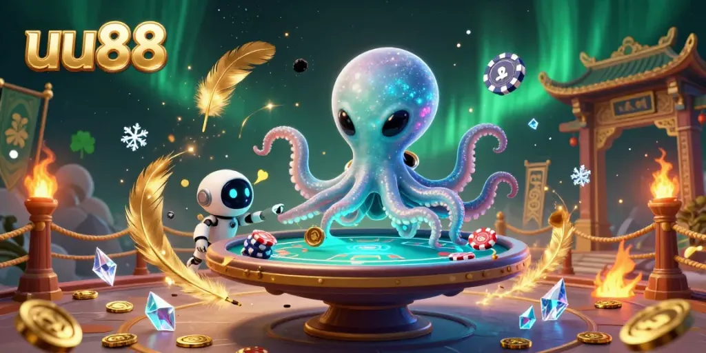 Experience the excitement of uu88 casino games with an alien octopus dealing poker in a vibrant cosmic setting.