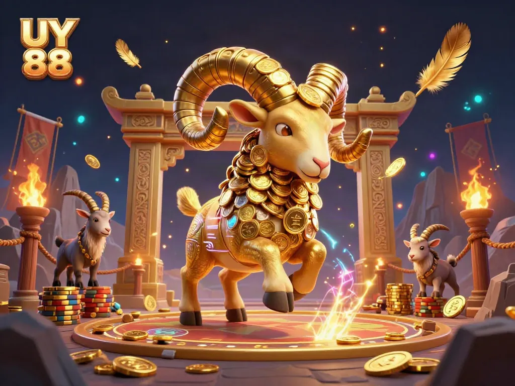 Experience thrilling action with UY 88 as a golden ram charges into a vibrant casino scene, symbolizing excitement and adventure.
